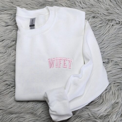 Custom Embroidered Wifey Pocket Logo Crewneck Shirt Personalized Embroidery image 0