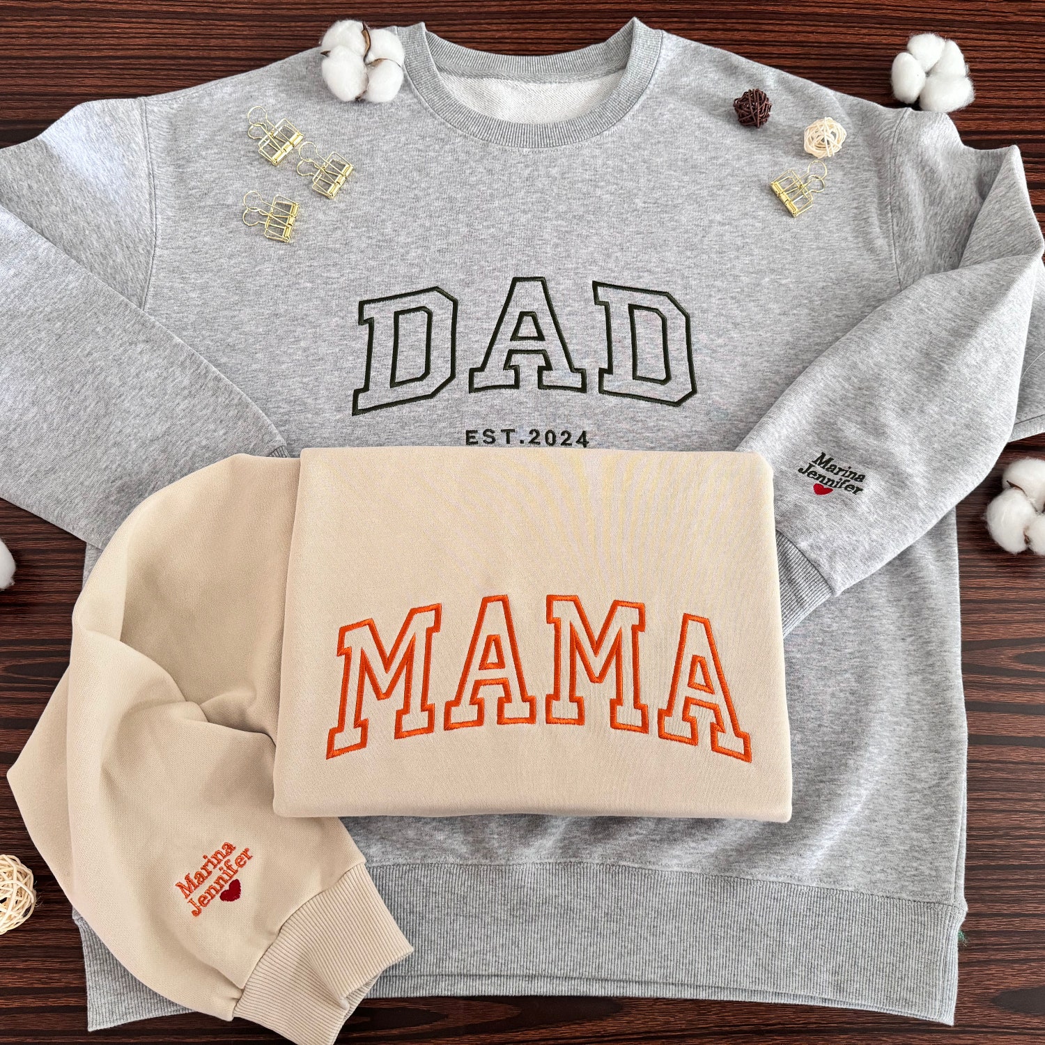 Custom Embroidered New Parents Sweatshirt with Name and Heart New Mom Dad EST Year Sweater image 1