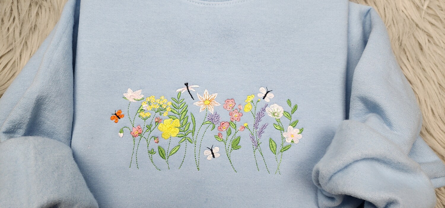 Wildflowers Embroidered Unisex Crewneck Sweatshirt Botanical Floral and Butterfly Design image 2