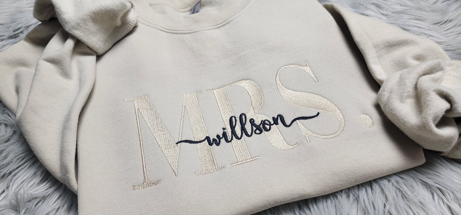 Personalized Embroidered Mrs Crewneck with Last Name Future Mrs Wedding Gift for Her image 1