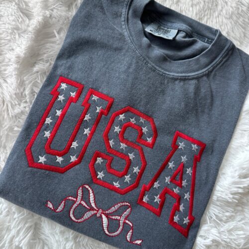 USA Embroidered T-Shirt Patriotic Coquette Bow Tee Cute Embroidered Gift image 0