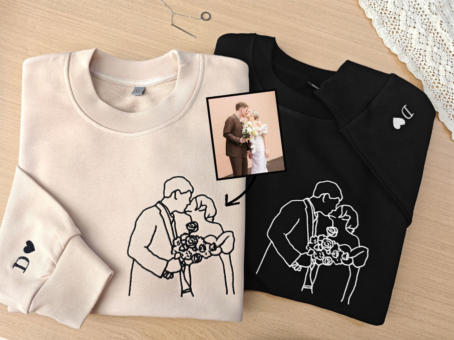 Personalized Embroidered Portrait Sweatshirt Custom Outline Photo Hoodie Family Gift Anniversary Gift image 3