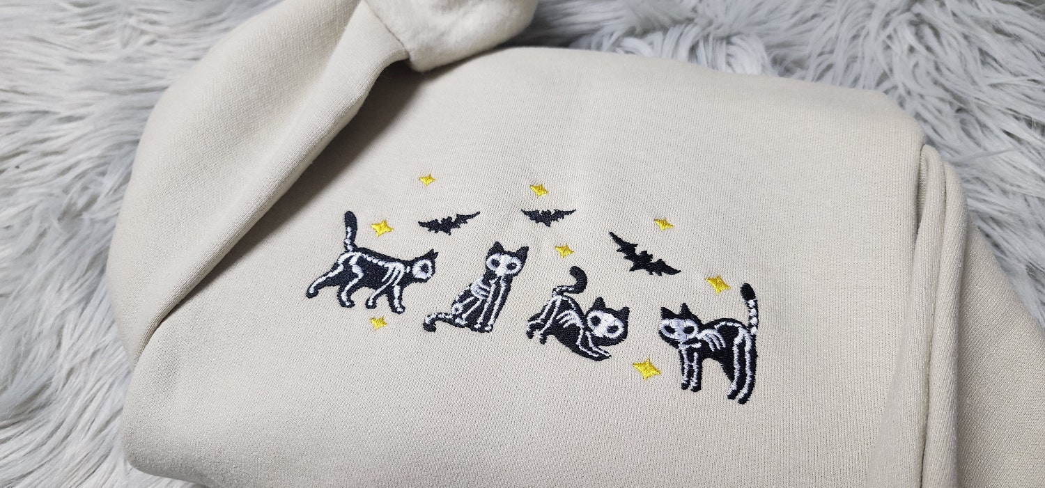 Skeleton Ghost Cats Embroidered Crewneck Sweatshirt Hoodie Halloween Cat T-Shirt image 1