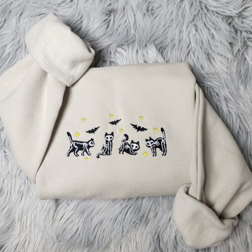 Skeleton Ghost Cats Embroidered Crewneck Sweatshirt Hoodie Halloween Cat T-Shirt image 0