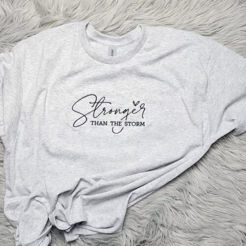 Stronger Than the Storm Christian Embroidered Crewneck Bible Verse Embroidery Sweater image 0