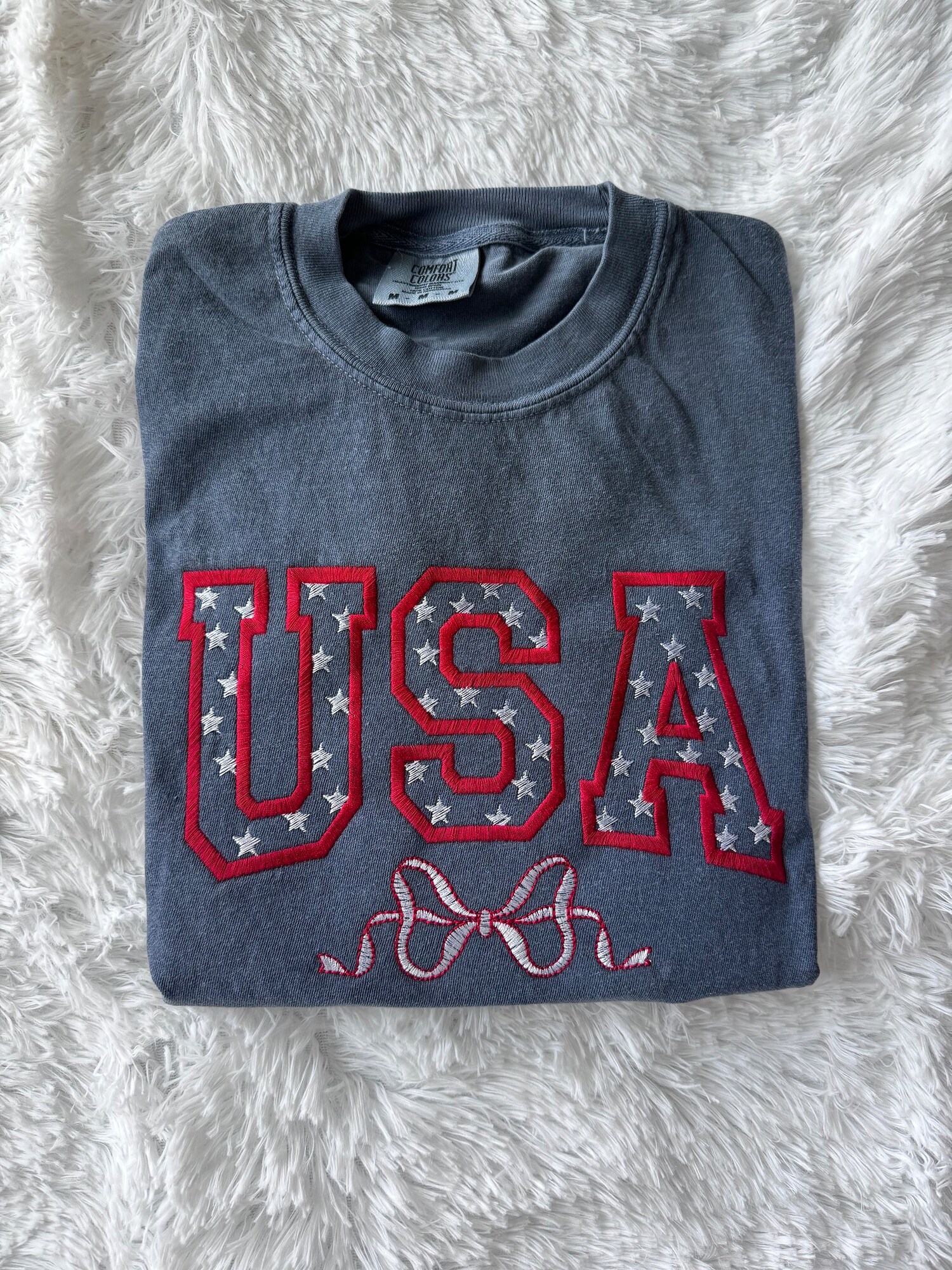 USA Embroidered T-Shirt Patriotic Coquette Bow Tee Cute Embroidered Gift image 1