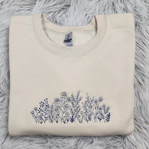 Wildflowers Embroidered Crewneck Sweatshirt Customizable Floral Botanical Design image 0