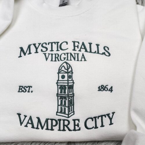 Mystic Falls Embroidered Crewneck Sweatshirt Unisex Vampire City Themed Pullover image 0