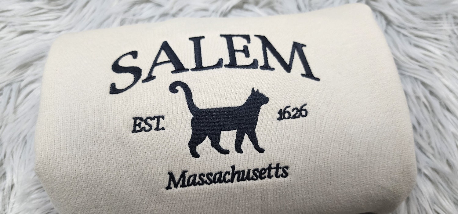 Salem Massachusetts Halloween Embroidered Crewneck Black Cat Witches Sweatshirt T-Shirt - Hoodie image 1