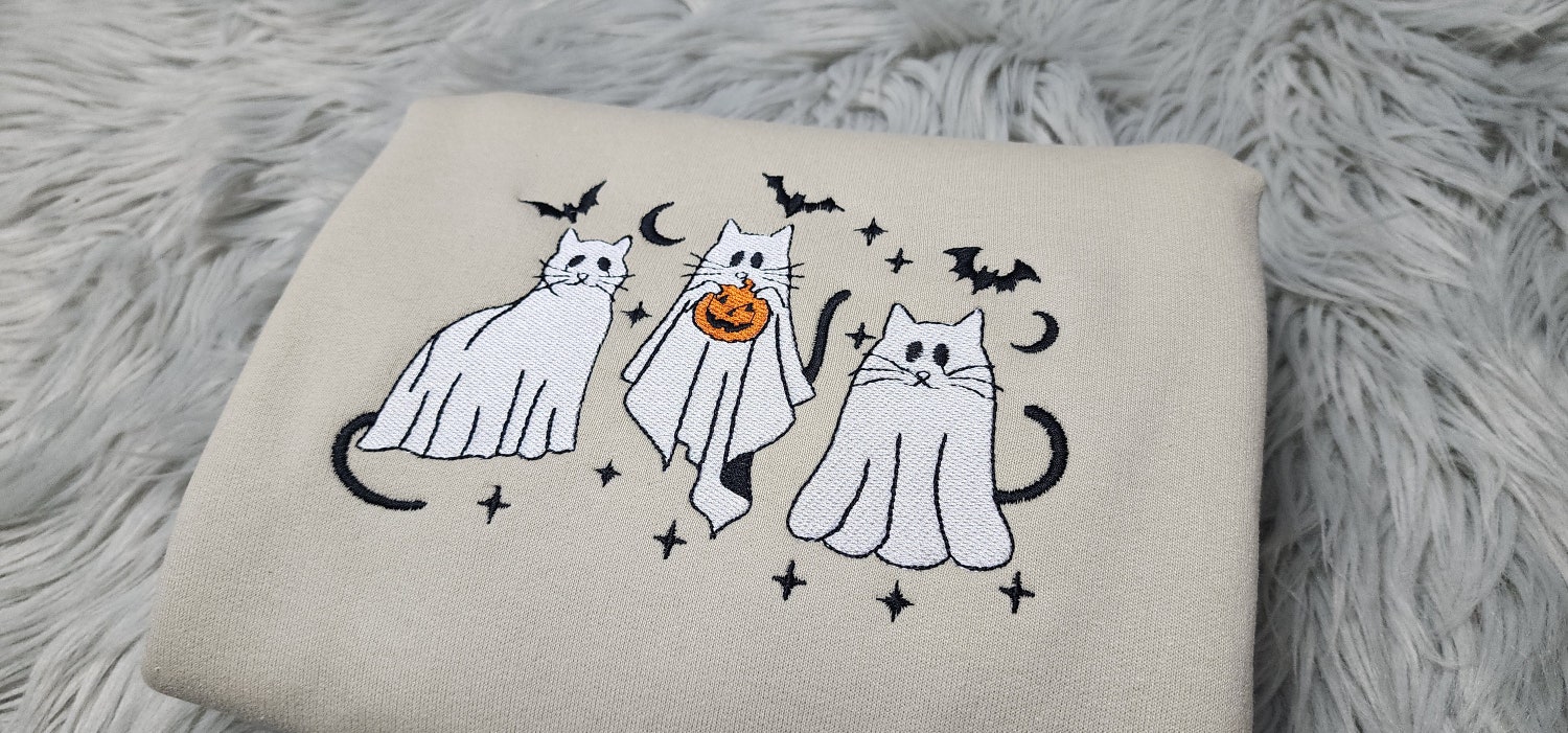 Three Ghost Cats Embroidered Crewneck Halloween Cat Sweatshirt Spooky Cat Hoodie image 1