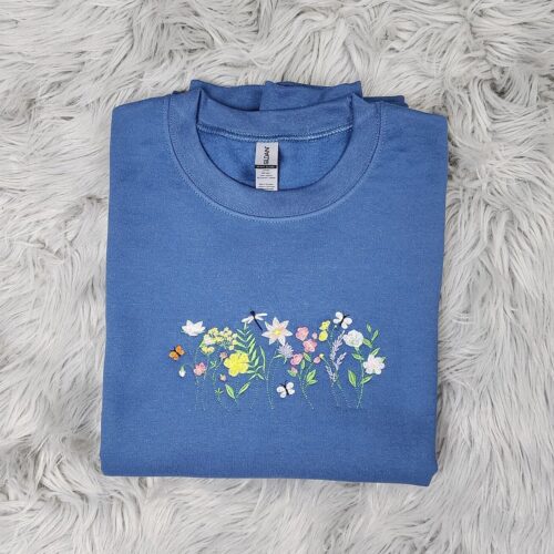 Wildflowers Embroidered Unisex Crewneck Sweatshirt Botanical Floral and Butterfly Design image 0