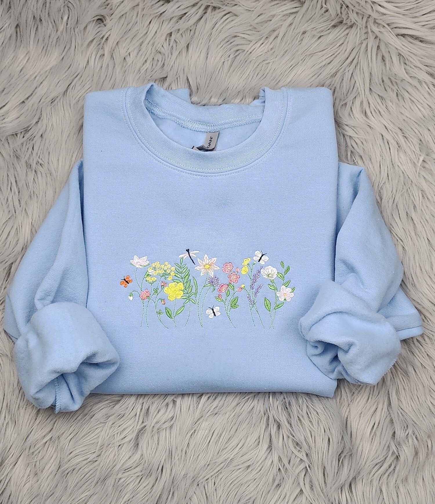 Wildflowers Embroidered Unisex Crewneck Sweatshirt Botanical Floral and Butterfly Design image 1