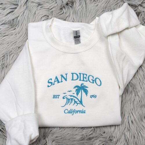 San Diego Surfing Embroidered Crewneck Sweatshirt California Surf Gifts T-Shirt Hoodie image 0