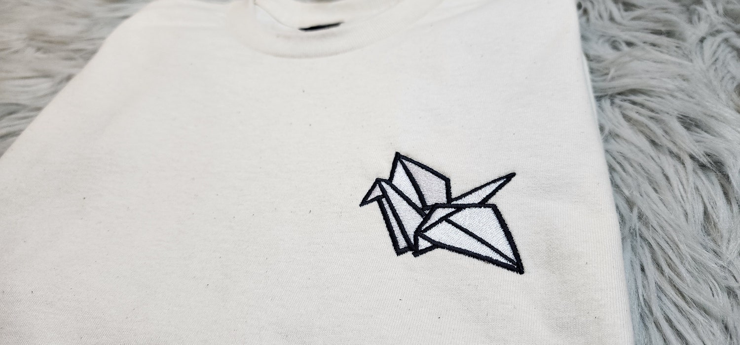 Origami Paper Crane Embroidered Crewneck Sweatshirt T-Shirt Hoodie Unique Pocket Logo image 1