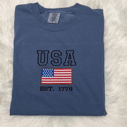 Patriotic USA Embroidered Comfort Colors Shirt Fourth of July American Tee image 0