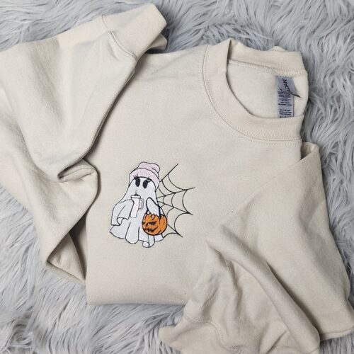 Cute Halloween Ghost Embroidered Crewneck Coffee Lover Sweatshirt Girly Ghost Hoodie image 0