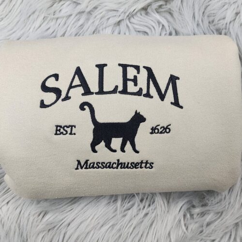 Salem Massachusetts Halloween Embroidered Crewneck Black Cat Witches Sweatshirt T-Shirt - Hoodie image 0