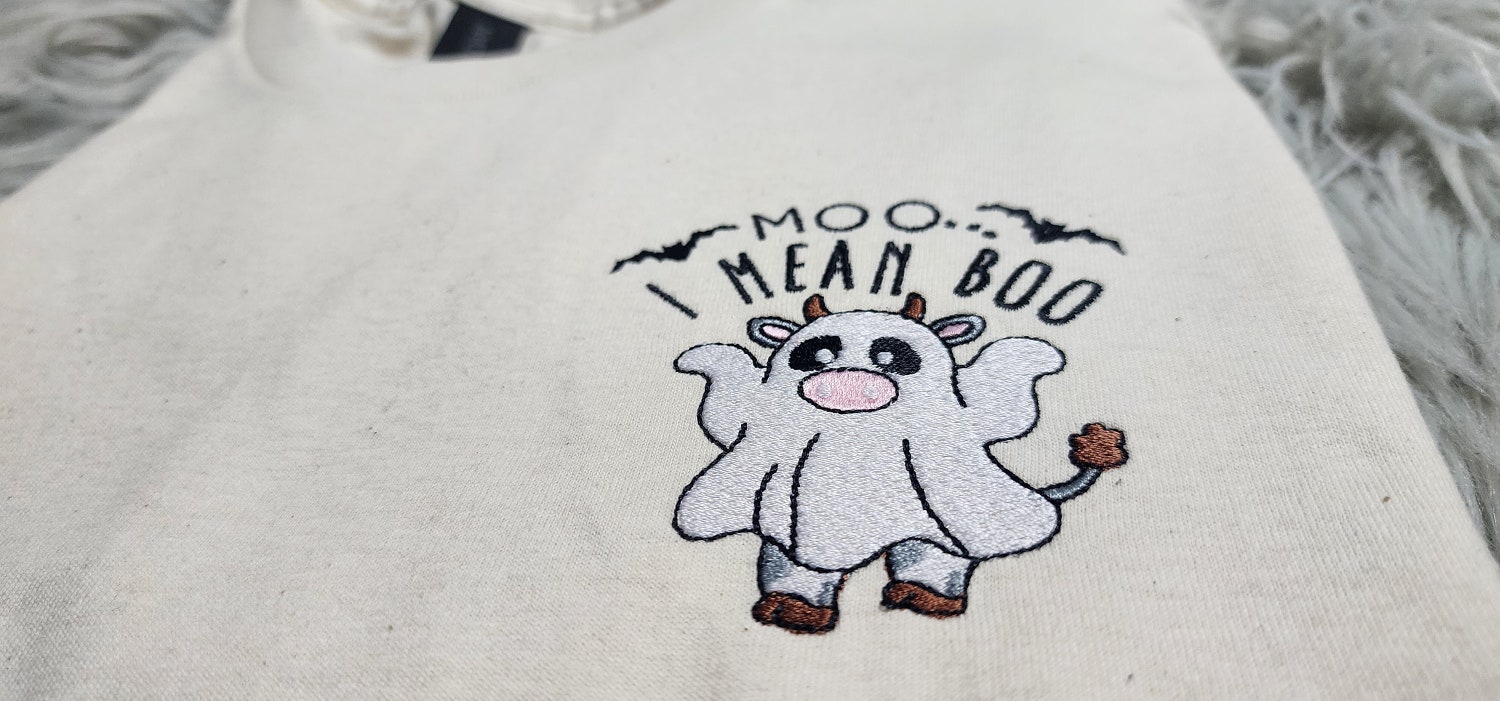 Moo Boo Ghost Cow Embroidered Crewneck Halloween Sweatshirt T-Shirt Hoodie image 1