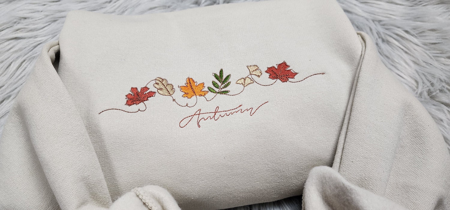 Autumn Leaves Embroidered Crewneck Sweatshirt Fall T-Shirt Cozy Hoodie for Autumn image 1