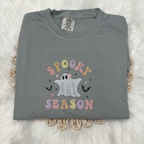 Cute Ghost Spooky Season Comfort Colors Embroidered Halloween T-Shirt Ghost Tee image 0