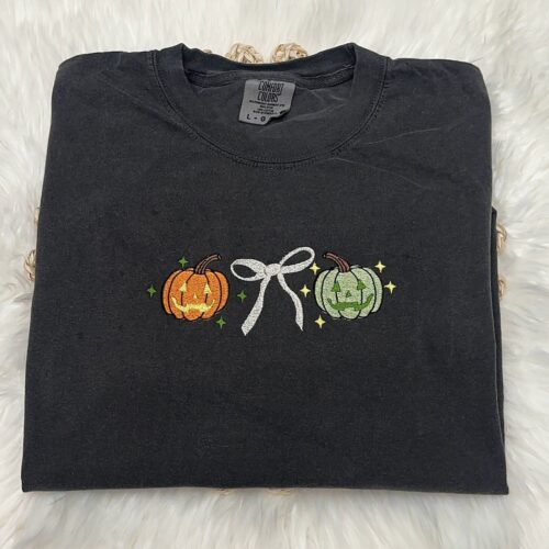 Cute Coquette Spooky Season Pumpkins Embroidered Comfort Colors Halloween T-Shirt image 0