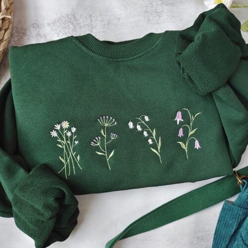 Cute Wildflowers Embroidered Crewneck - Dark Green Daisy Floral Sweatshirt Gifts for Her Gifts for Mom image 0