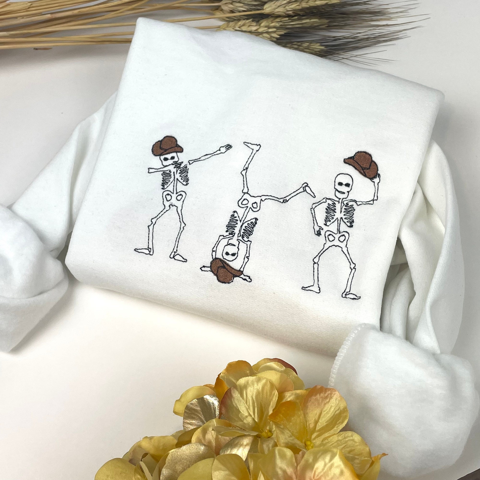 Cowboy Sweatshirt Embroidered Dancing Skeletons - Halloween Cowboy Skeletons Spooky Season Hocus Pocus Halloween Town image 1