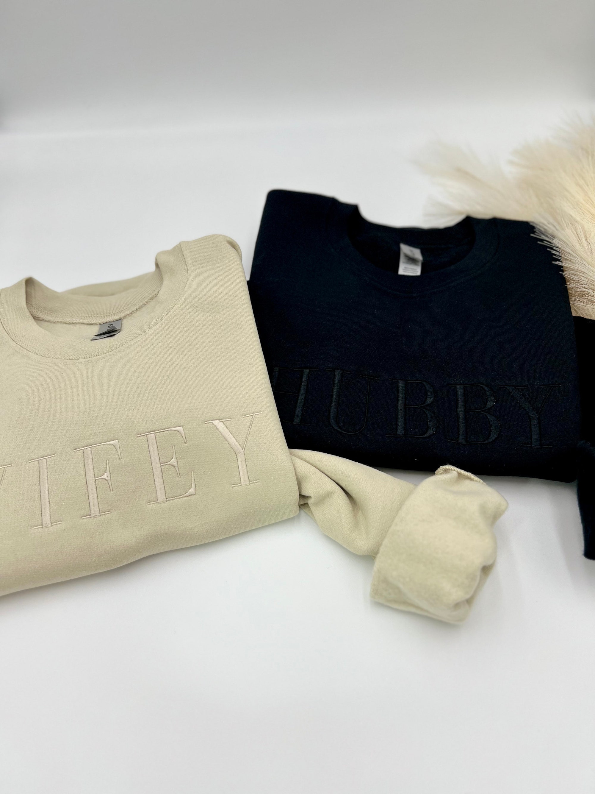 Wifey Hubby Embroidered Sweatshirt or Hoodie - Tone on Tone Honeymoon & Bridal Gift Wifey Hubby Bride Crewneck Mr. & Mrs. Pullover image 1