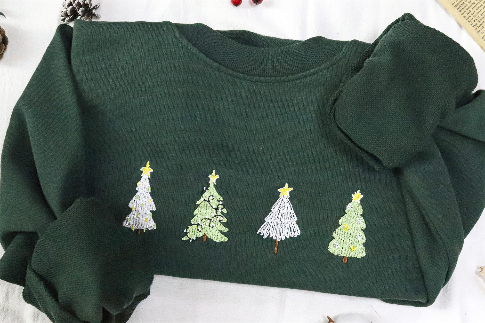 Christmas Tree Embroidered Sweatshirt - Green Vintage Crewneck Christmas Gifts image 1