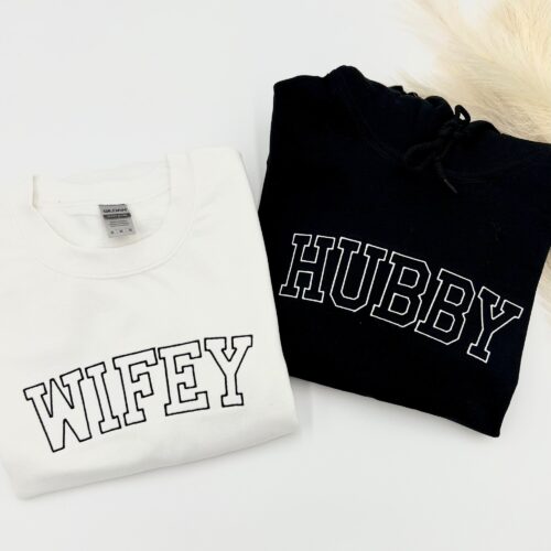 Wifey Hubby Embroidered Sweatshirt or Hoodie - Matching Outfits Honeymoon Shirt Bridal Wedding Gift Wifey Bride Crewneck Mr. & Mrs. Pullover image 0