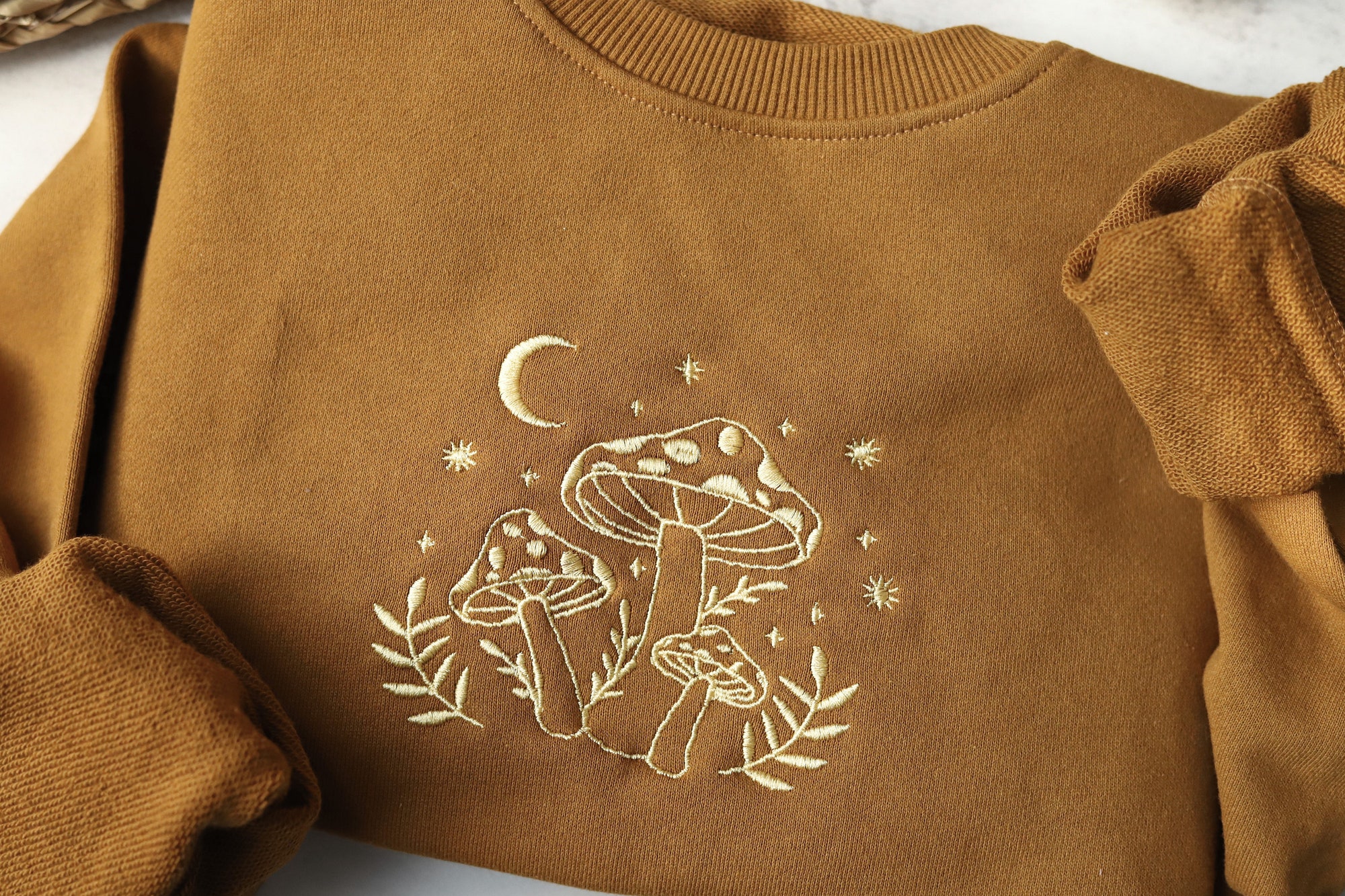 Mushroom Embroidered Crewneck Sweatshirt - Brown Retro Sweater Mushroom Lover's Gift image 1