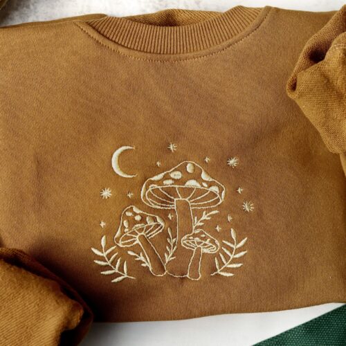 Mushroom Embroidered Crewneck Sweatshirt - Brown Retro Sweater Mushroom Lover's Gift image 0