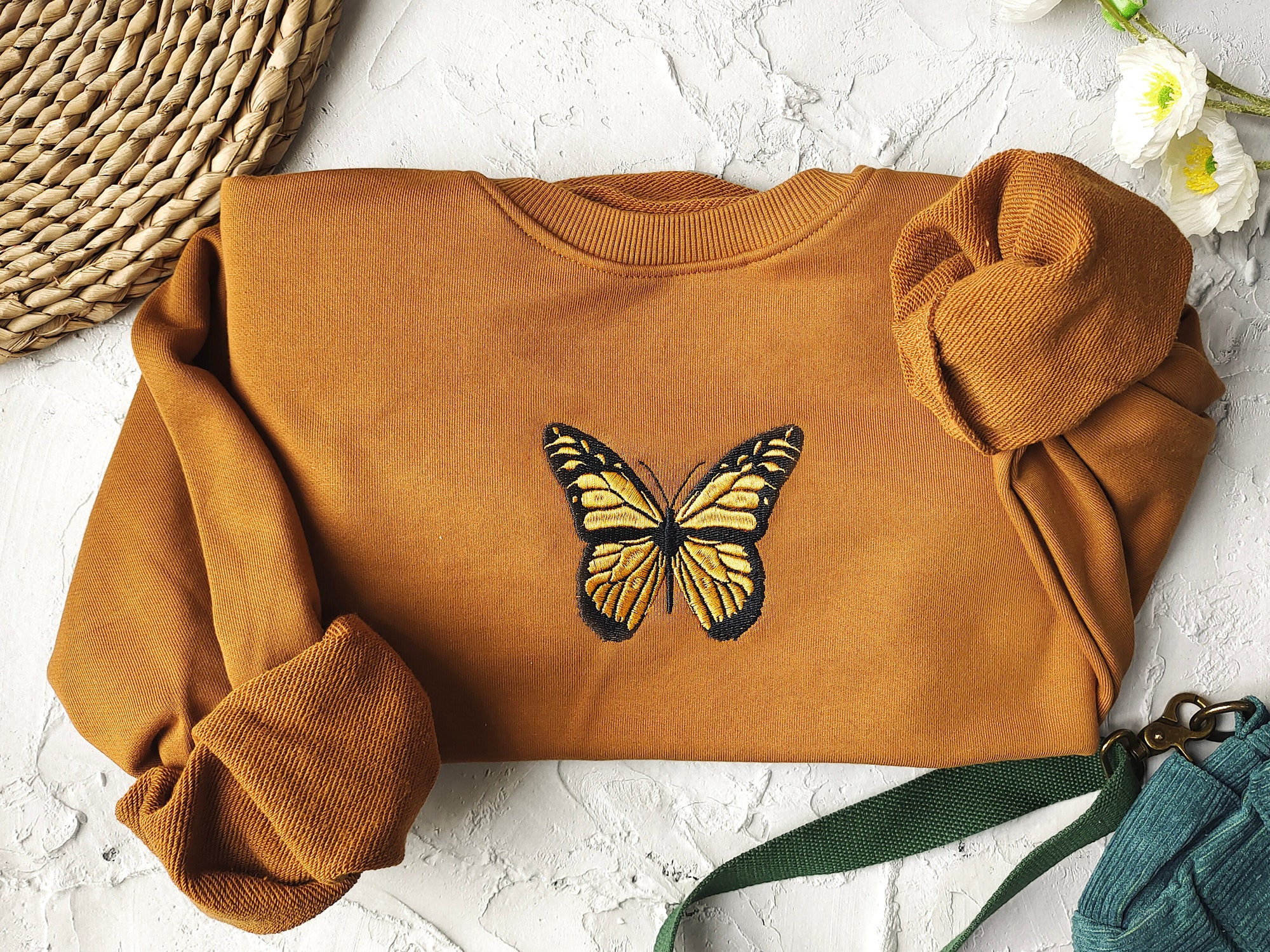 Butterfly Embroidered Sweatshirt - Brown Crewneck Fall Vintage Sweatshirt image 1