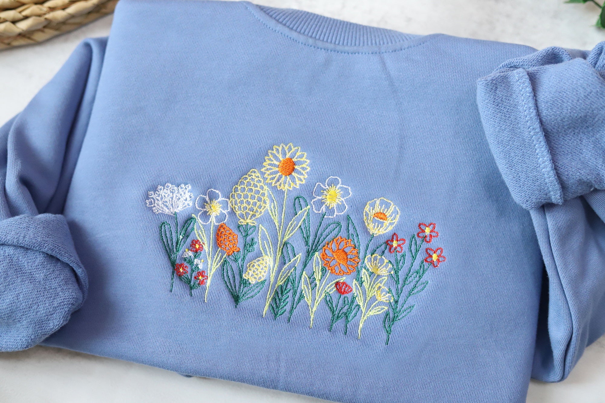 Wildflowers Embroidered Crewneck - Vintage Fine Line Floral Sweatshirt Gifts for Women Friends MAMA image 1