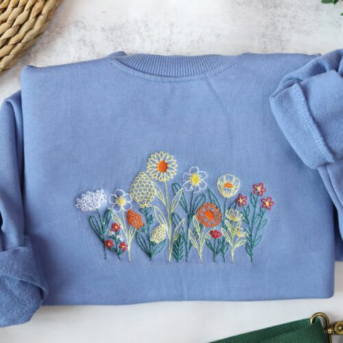 Wildflowers Embroidered Crewneck - Vintage Fine Line Floral Sweatshirt Gifts for Women Friends MAMA image 0