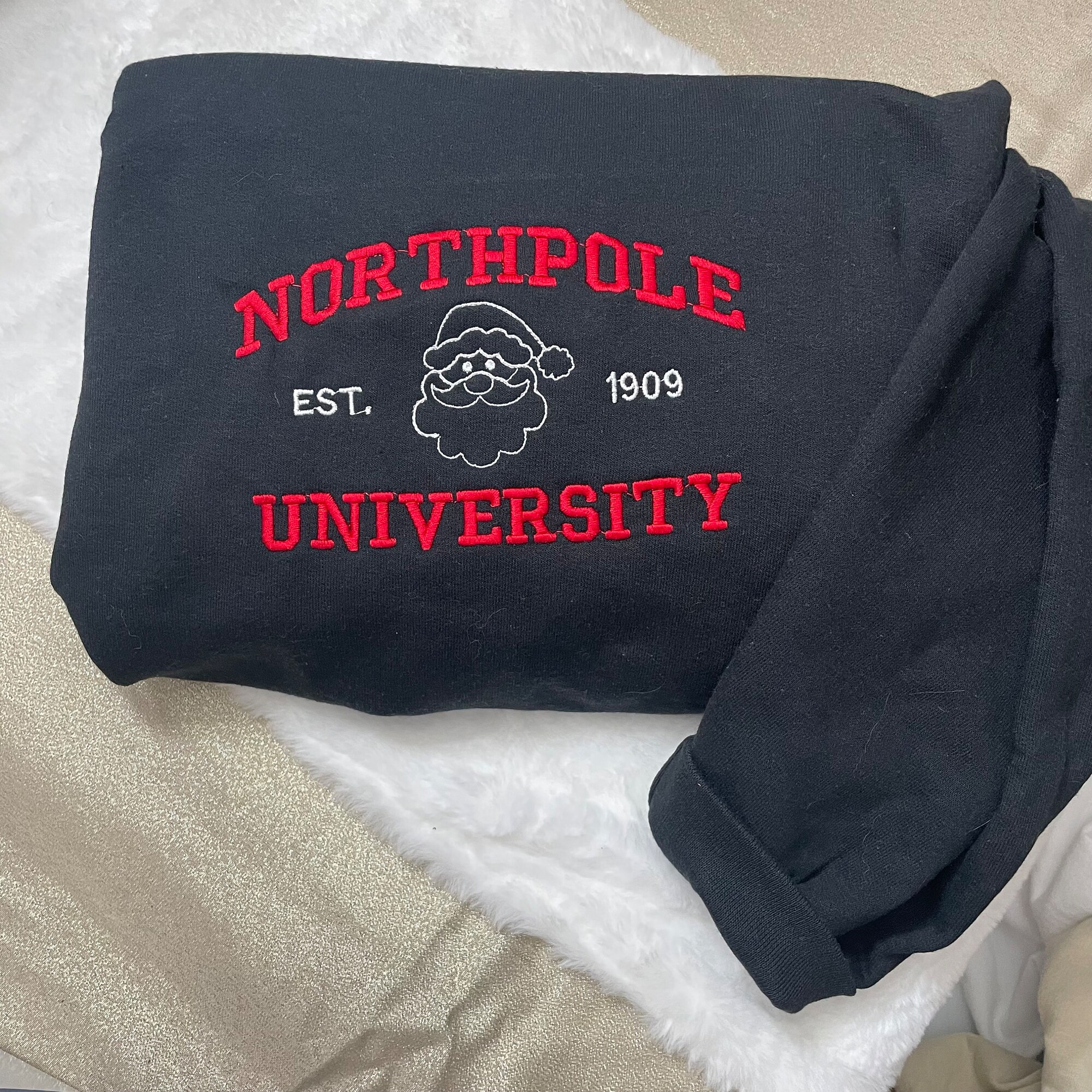 North Pole University Embroidered Sweatshirt - Y2K Style Crewneck Christmas Gifts Santa Claus Embroidered Crewneck image 1