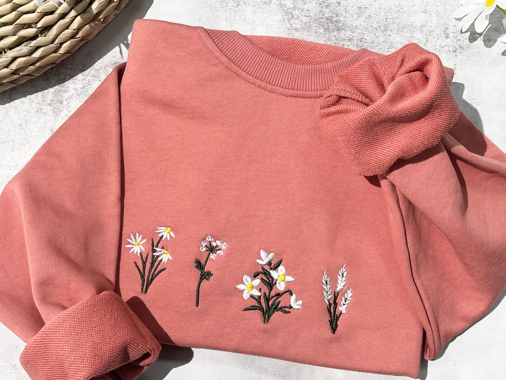 Pink Crewneck Daisy Sweatshirt - Embroidered Flower Vintage Floral Sweater Lovely Daisy Gifts for Her image 2