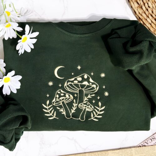 Retro Mushroom Embroidered Crewneck Green Sweatshirt - Trendy Sweatshirt Mushroom Lover's Gift Personalized Gifts for Mom image 0