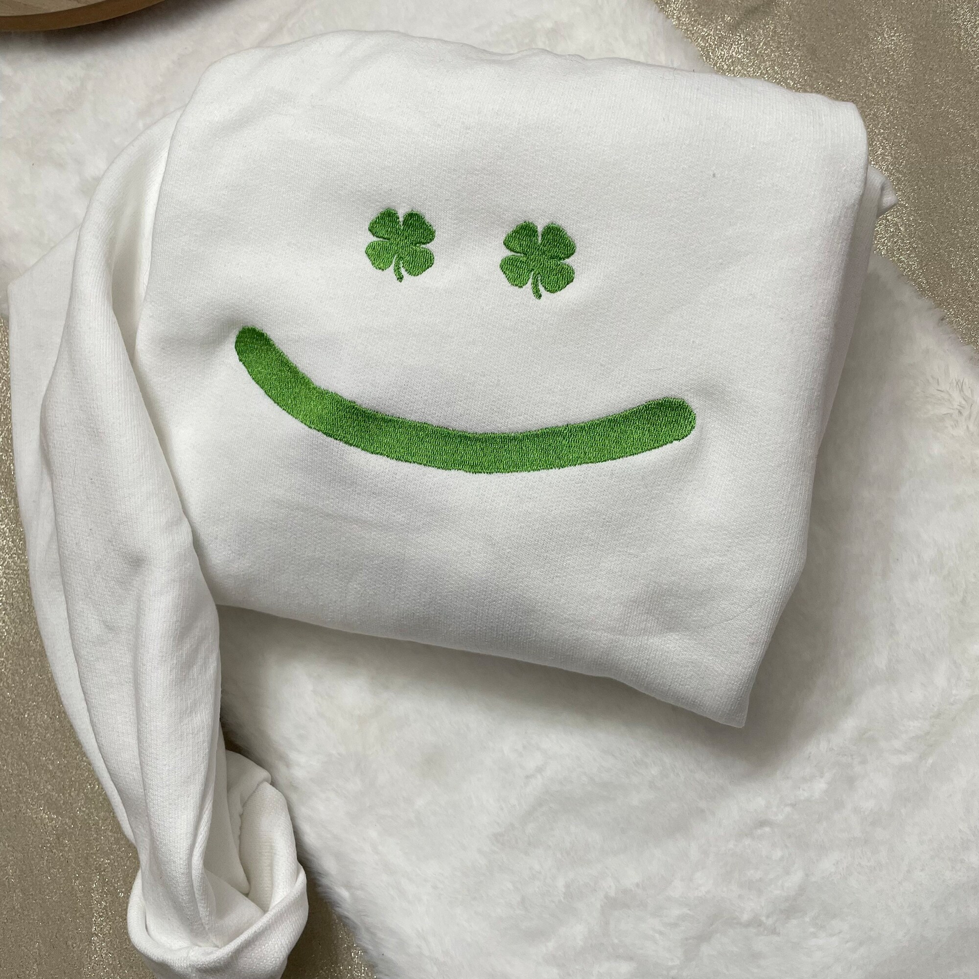 St. Patrick’s Day Smiley Face Embroidered Sweatshirt - Y2K Style Crewneck St. Patty’s Day Patrick’s Day Holidays March image 4