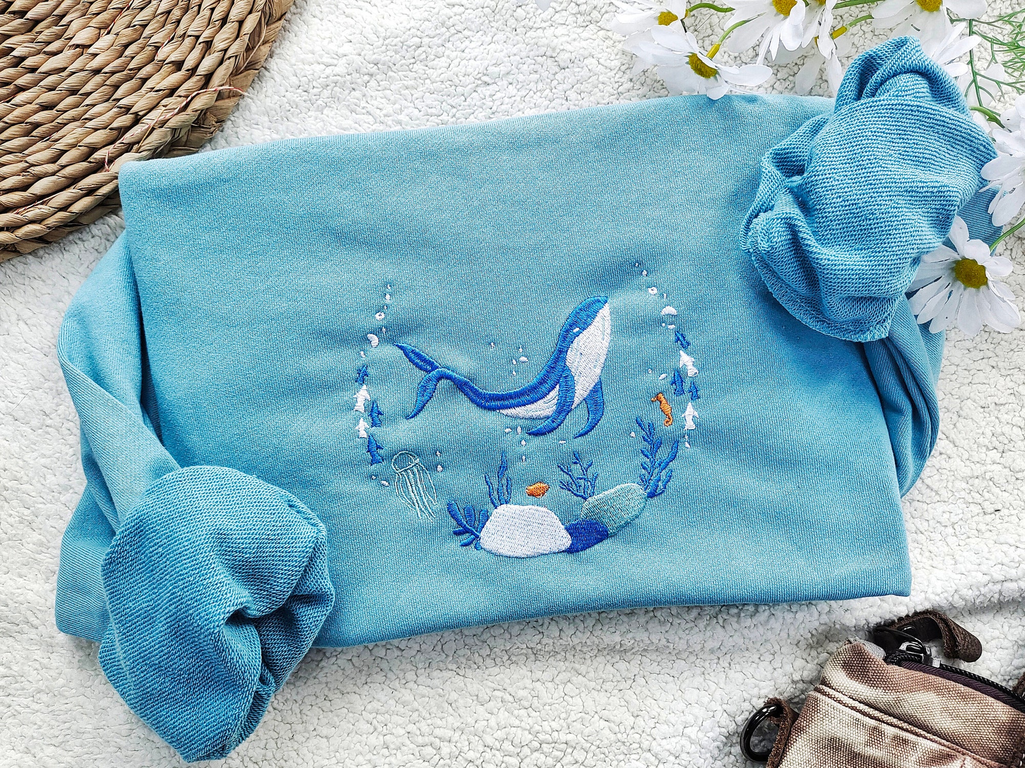 Blue Ocean Whale Embroidered Sweatshirt - Whale Embroidery Crewneck Nature Lover Gift image 4