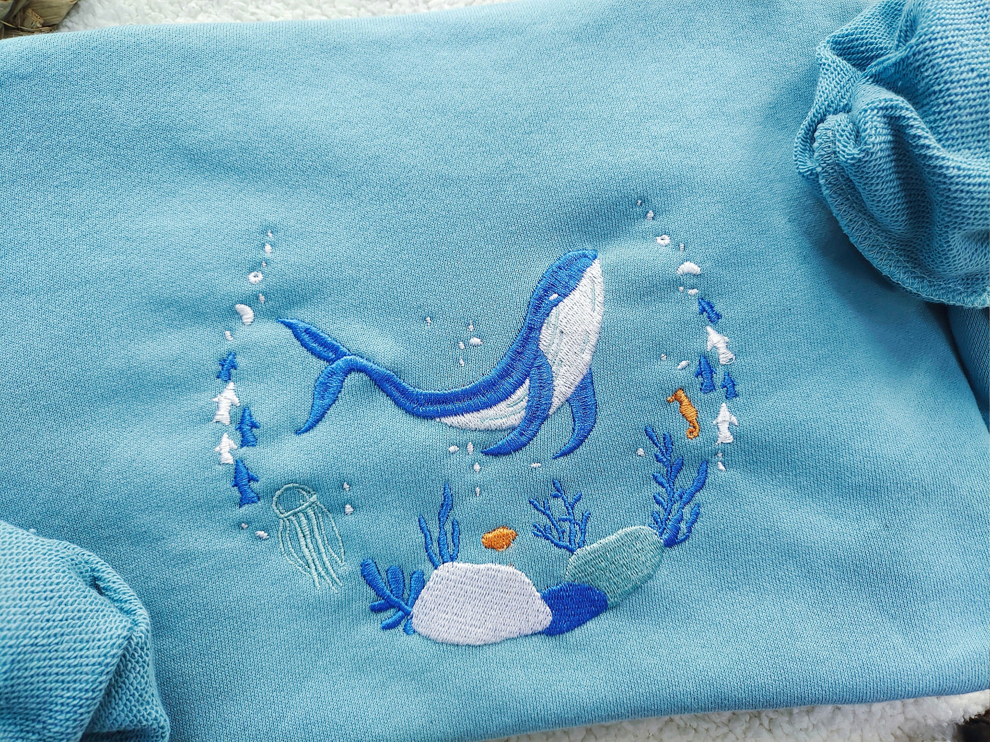 Blue Ocean Whale Embroidered Sweatshirt - Whale Embroidery Crewneck Nature Lover Gift image 3