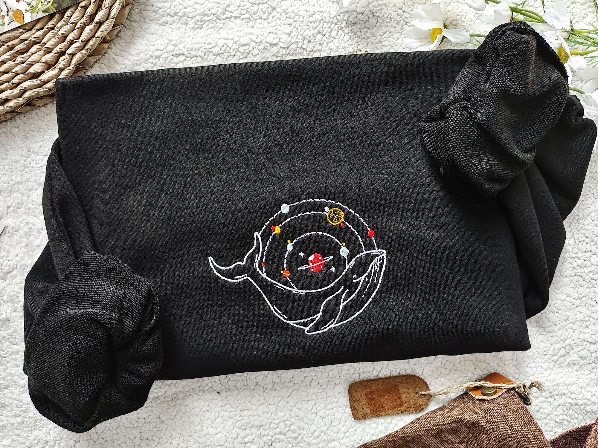 Magic Planets And Whales Embroidered Sweatshirt - Black Planet Embroidered Crewneck Nature Lover Gift image 1