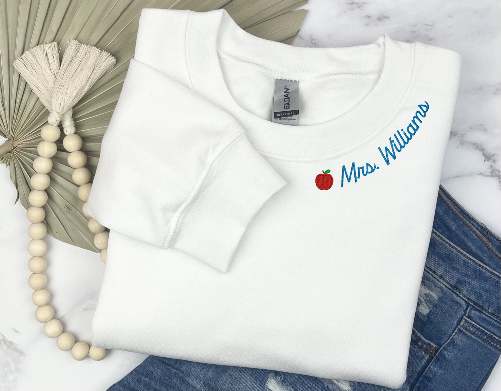 Custom Embroidered Sweatshirt for a Teacher - Custom Neckline Embroidered Sweatshirt 2nd Grade Teacher Shirt Hello Kindergarten Teacher Tee image 1