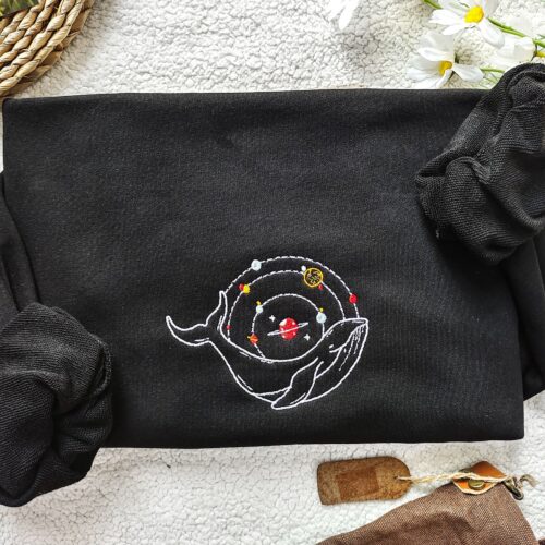 Magic Planets And Whales Embroidered Sweatshirt - Black Planet Embroidered Crewneck Nature Lover Gift image 0