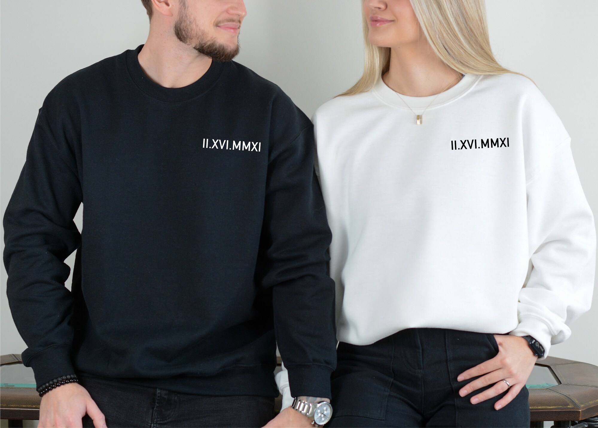 Custom Embroidered Sweatshirt with Roman Numeral Date and Sleeve Embroidery - Engagement Gift Boyfriend Gift Couples Gift Anniversary Gift image 4