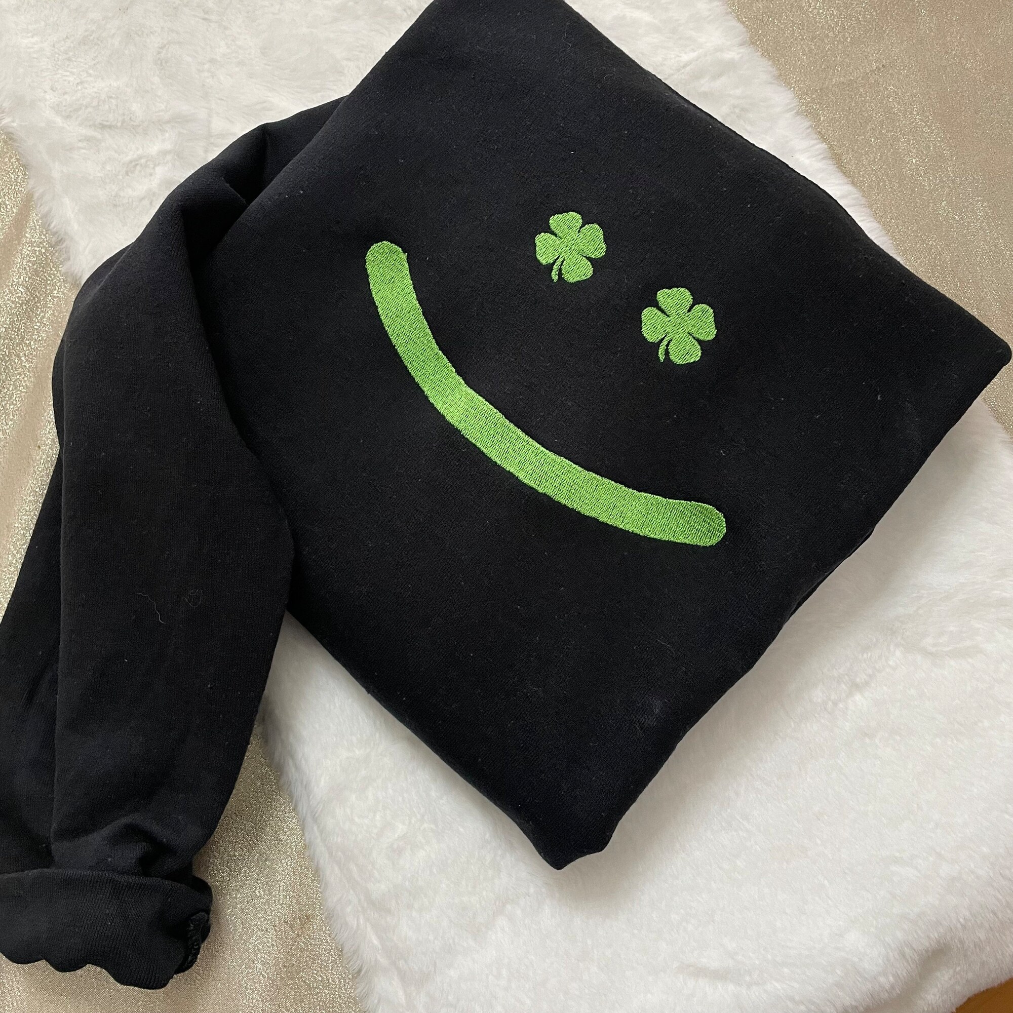 St. Patrick’s Day Smiley Face Embroidered Sweatshirt - Y2K Style Crewneck St. Patty’s Day Patrick’s Day Holidays March image 6