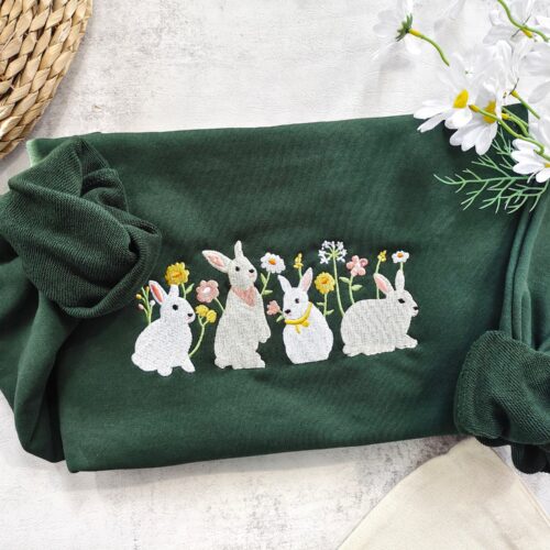 Rabbit And Flower Embroidered Sweatshirt - Cute Rabbit Crewneck Gift for Her Friends Easter Gifts image 0