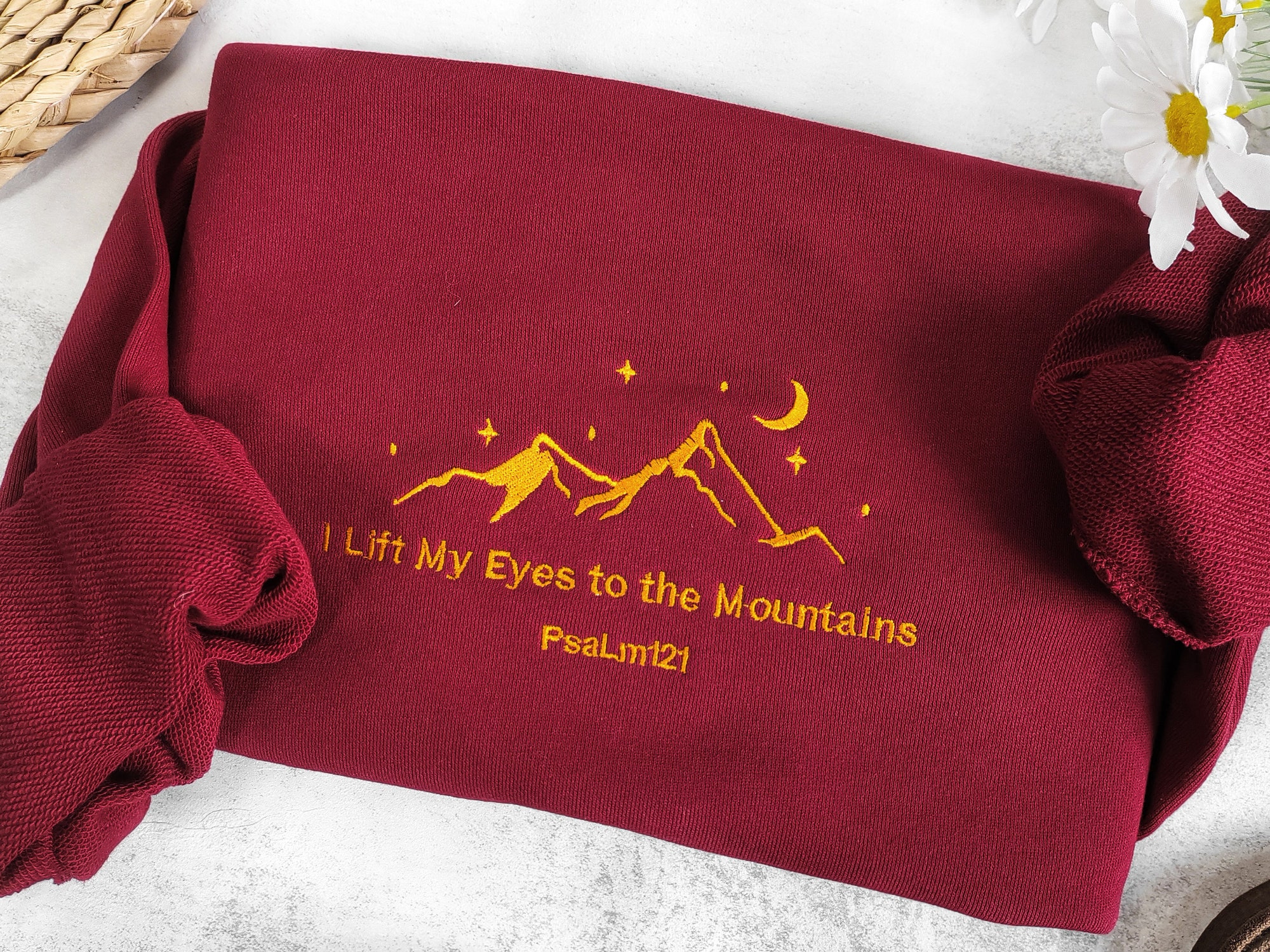 Retro Christian "I Lift My Eyes to the Mountains" Embroidered Sweatshirt - Mountain Bible Verse Crewneck Gifts for Women image 1