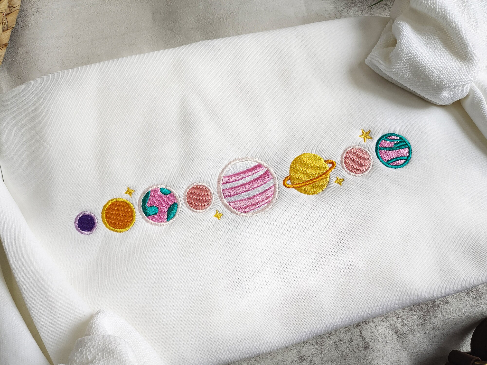 Pink Planets Embroidered Sweatshirt - Comfy Space Crewneck Cute Sweatshirt image 1