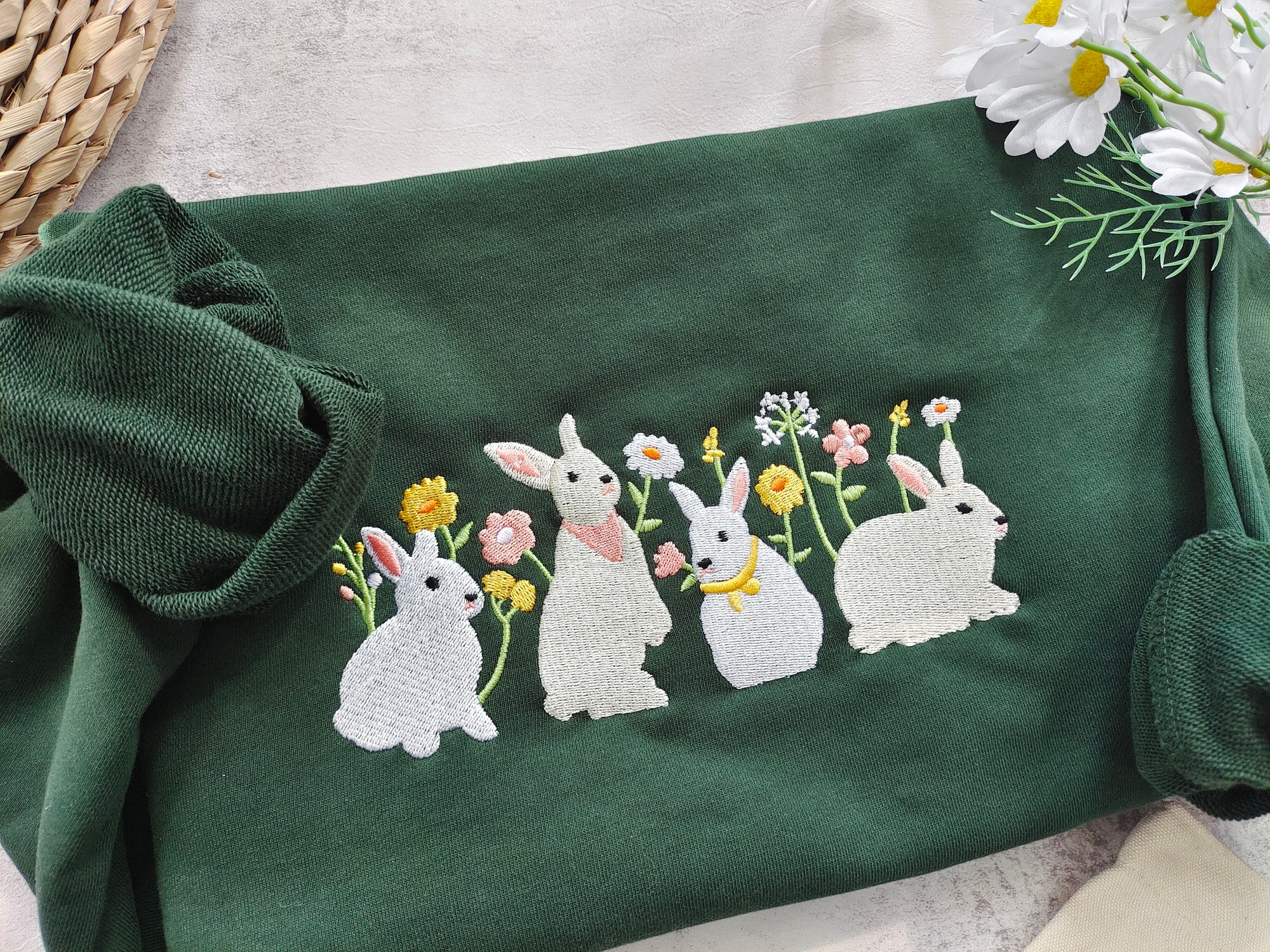 Rabbit And Flower Embroidered Sweatshirt - Cute Rabbit Crewneck Gift for Her Friends Easter Gifts image 1